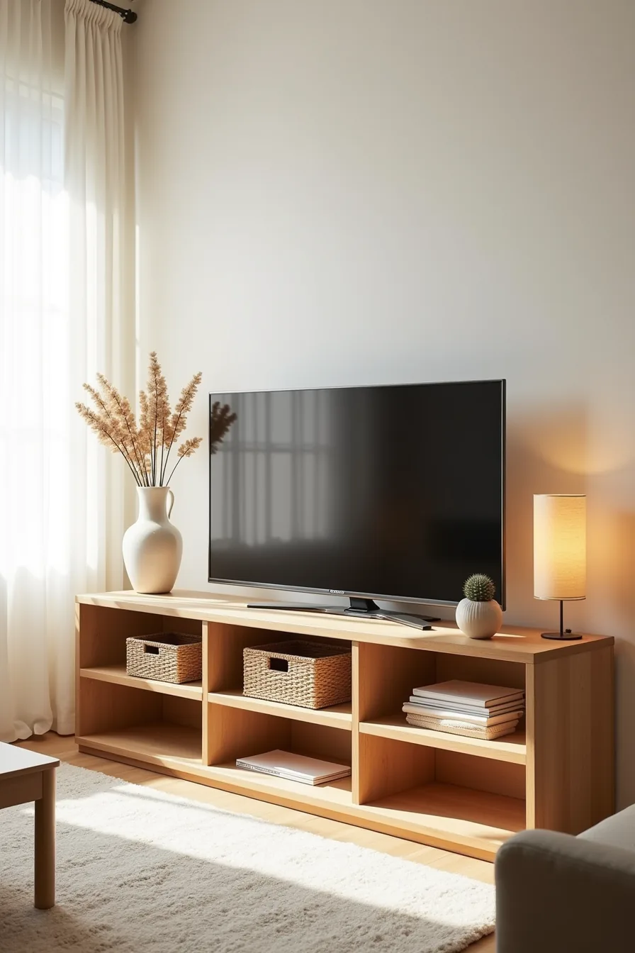 Bench-style TV table with a flat-screen TV on top and woven storage baskets on open shelves below.