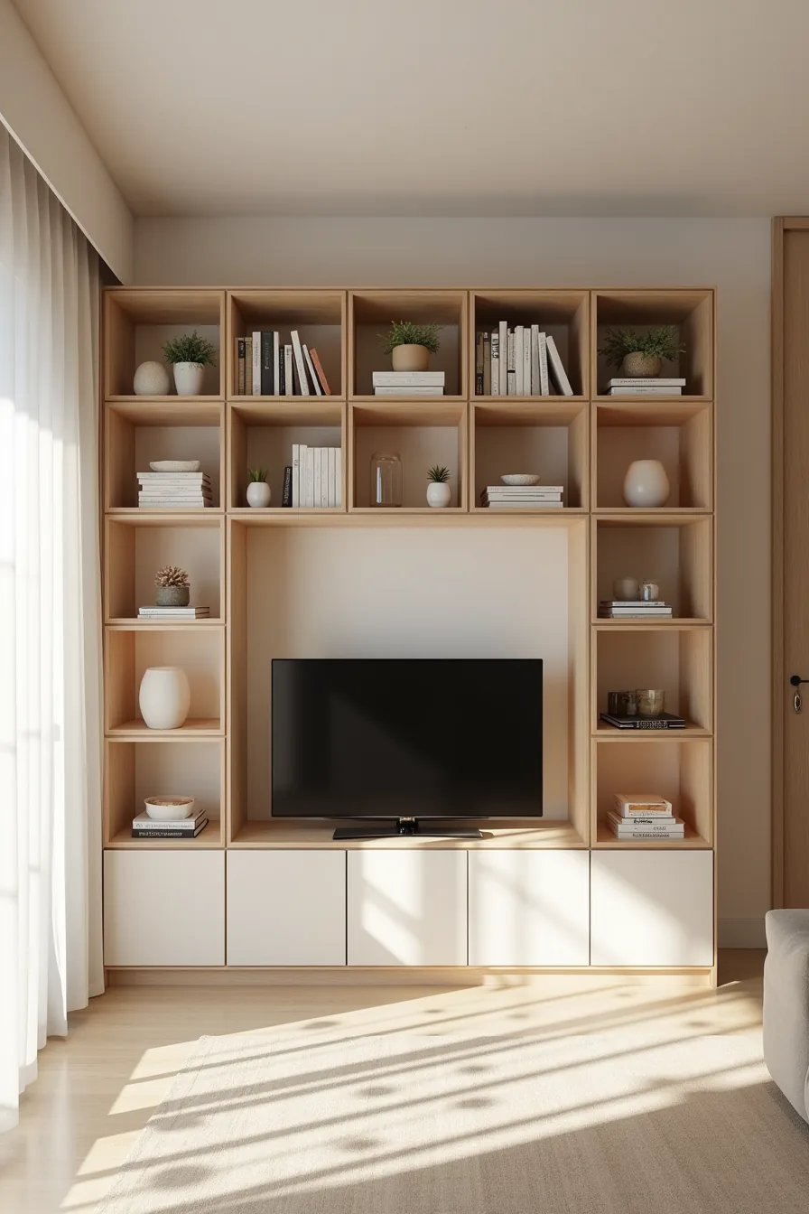 Nine-cube storage grid displays a flat-screen TV in the center opening with decorative objects and storage boxes in
