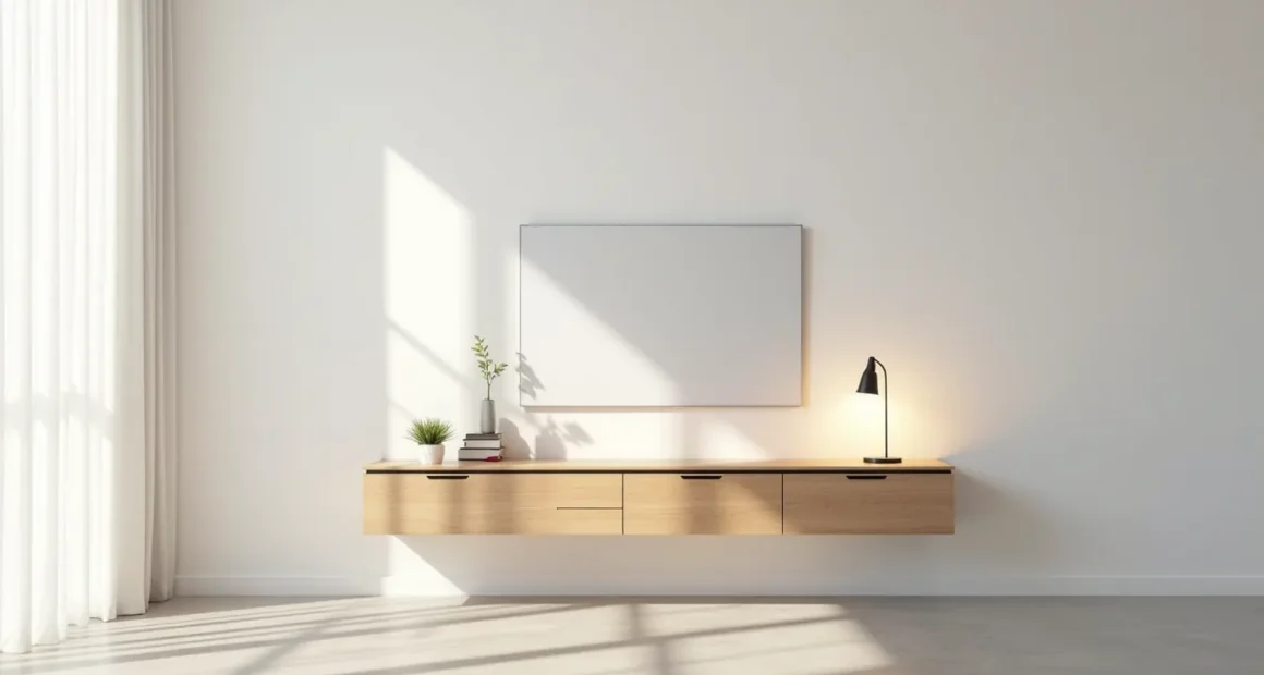 Slim floating media table on white wall holds a flat-screen TV and potted plant with open concrete floor underneath.