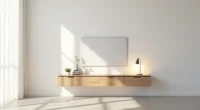 Slim floating media table on white wall holds a flat-screen TV and potted plant with open concrete floor underneath.