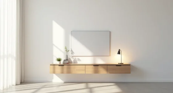 Slim floating media table on white wall holds a flat-screen TV and potted plant with open concrete floor underneath.