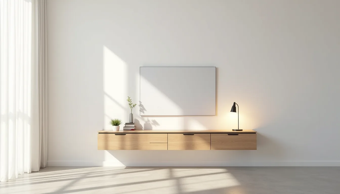 Slim floating media table on white wall holds a flat-screen TV and potted plant with open concrete floor underneath.