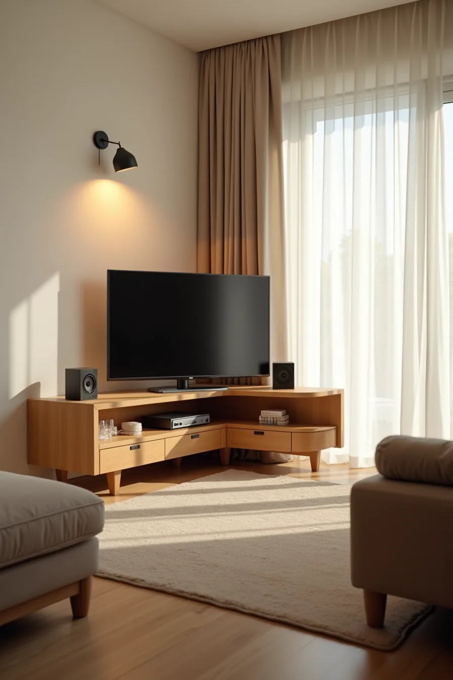 L-shaped corner TV table with flat-screen TV angled toward seating, cable box, and speaker positioned at the inner corner.