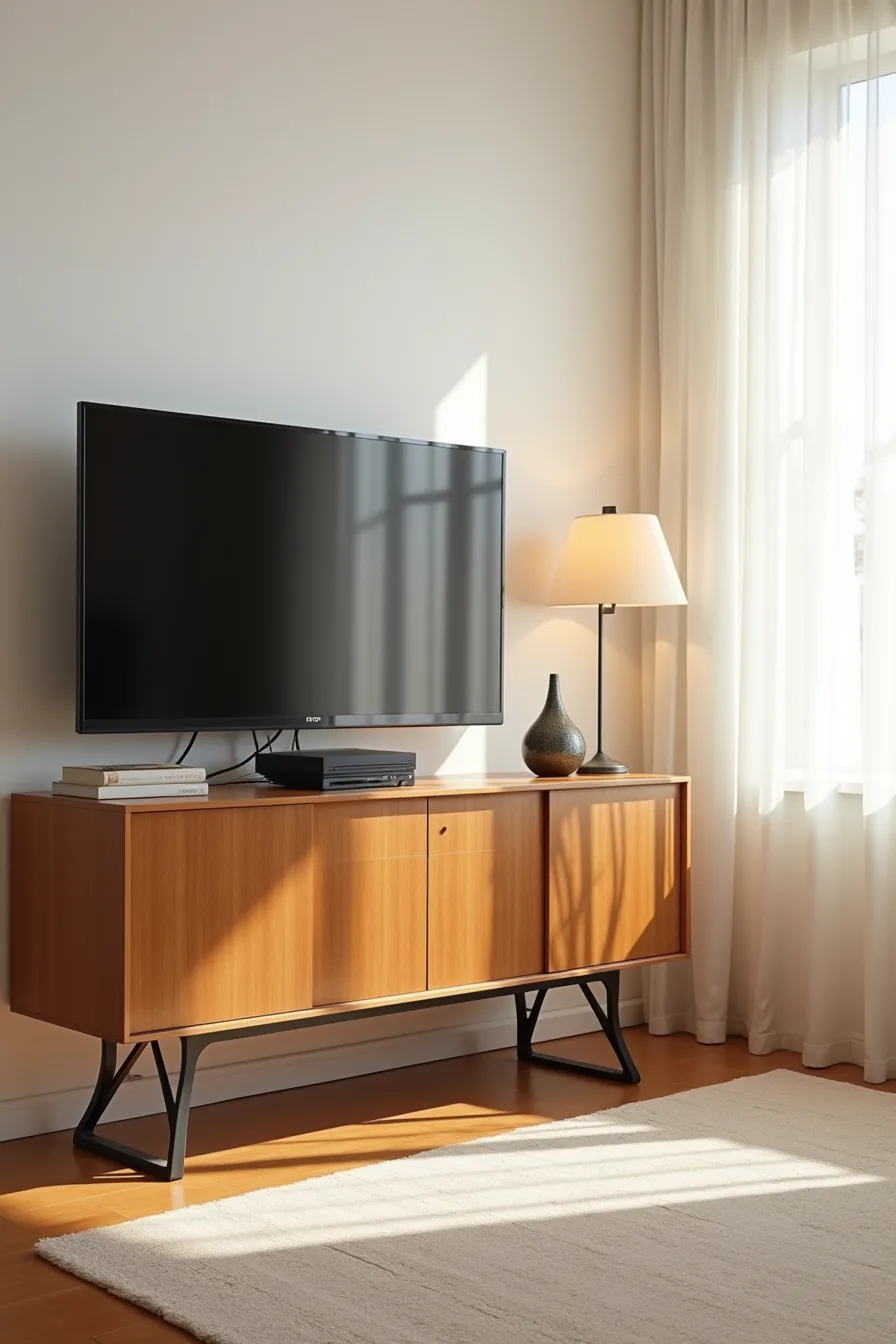 Mid-century credenza with wood veneer and metal legs holds a flat-screen TV, streaming device, and vintage decorative object