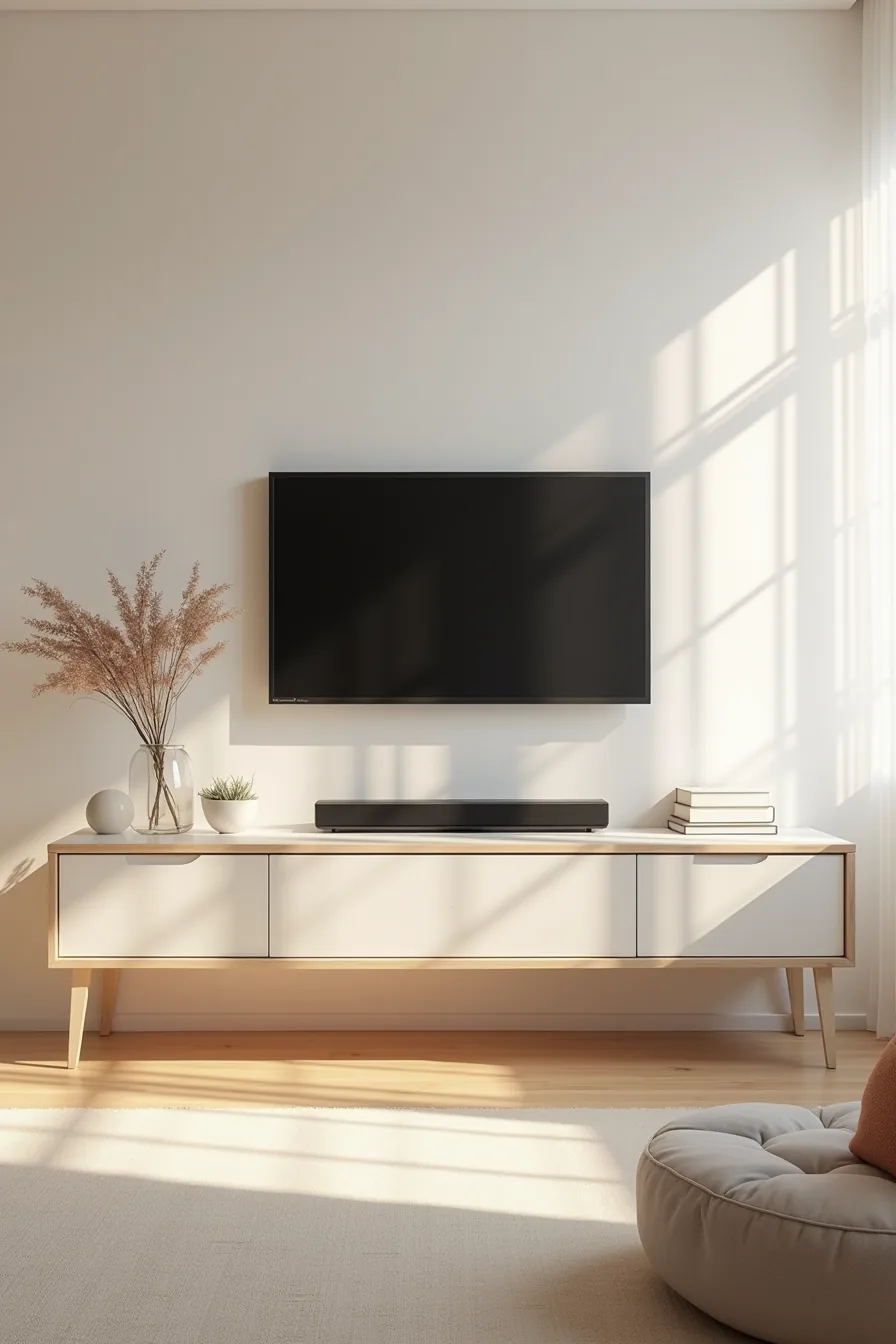 Wall-mounted slim console at TV height displays a soundbar and decorative object with visible wall studs and open floor