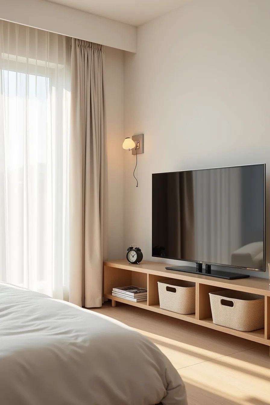 Wooden console table at foot of bed supports a flat-screen TV, fabric storage basket, and alarm clock.