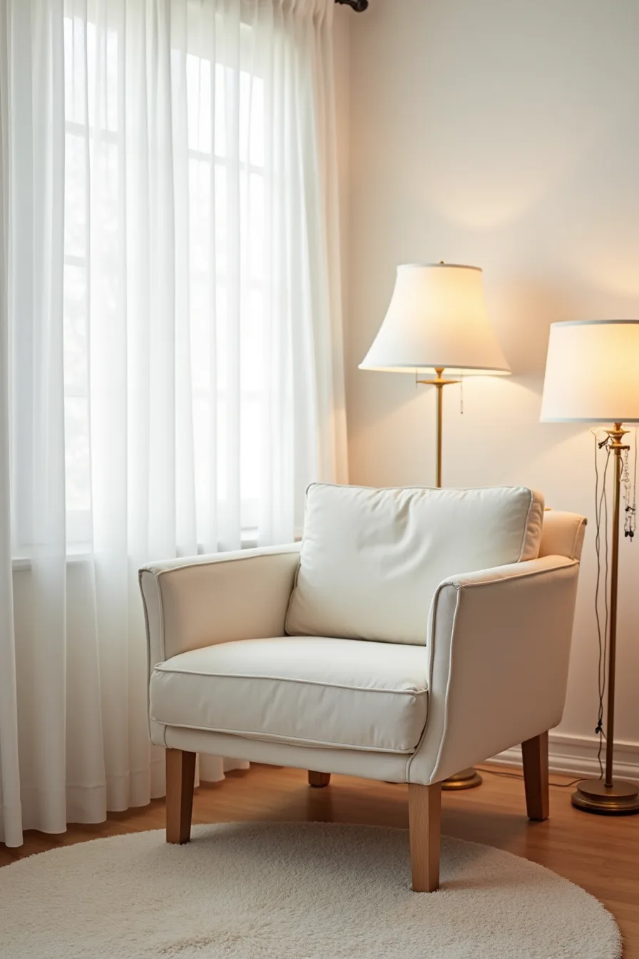 Lightweight armchair with removable cotton slip cover and exposed wood legs sits on an area rug away from walls.