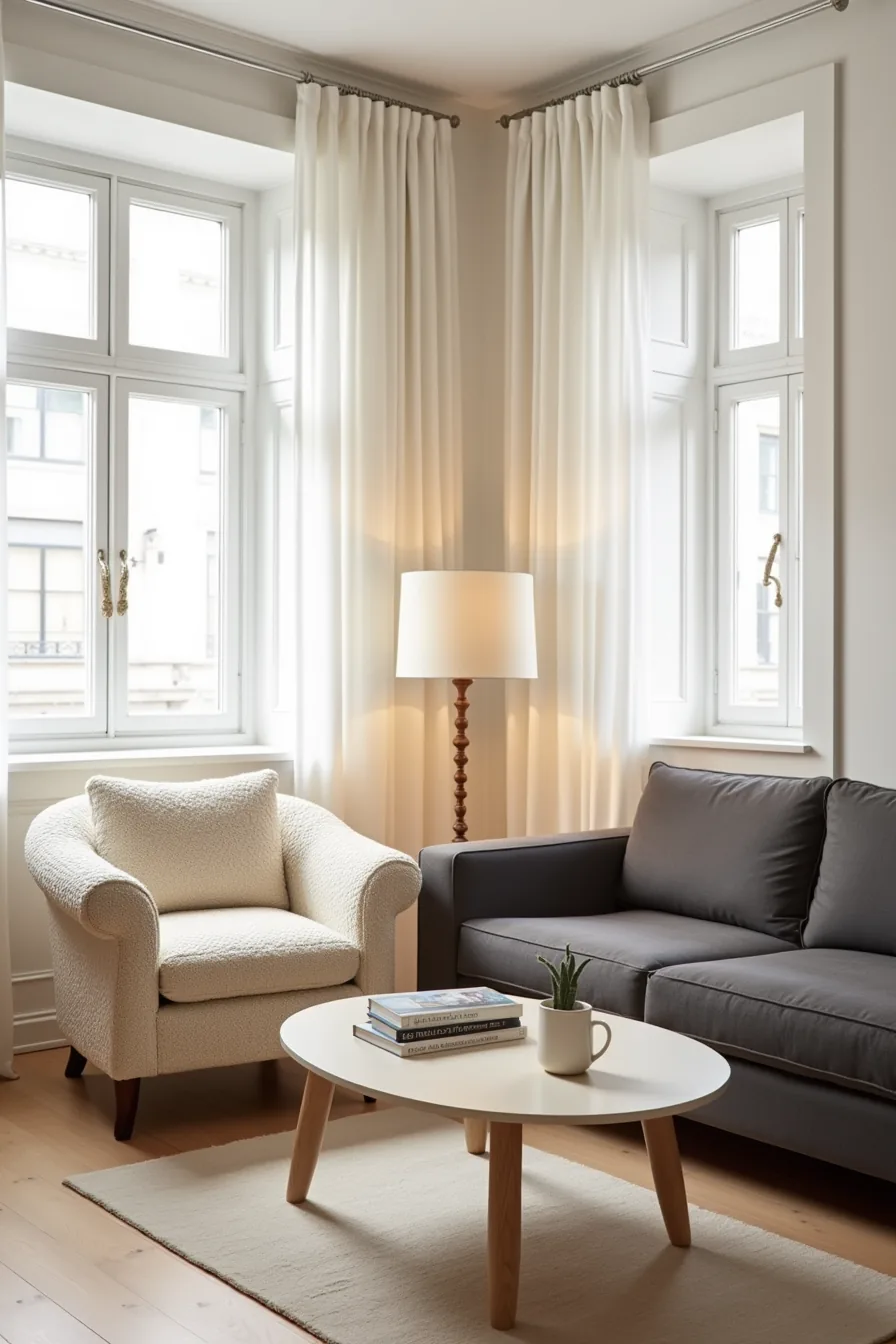 Cream boucle armchair and charcoal linen sofa face each other across a coffee table in a modern seating arrangement.