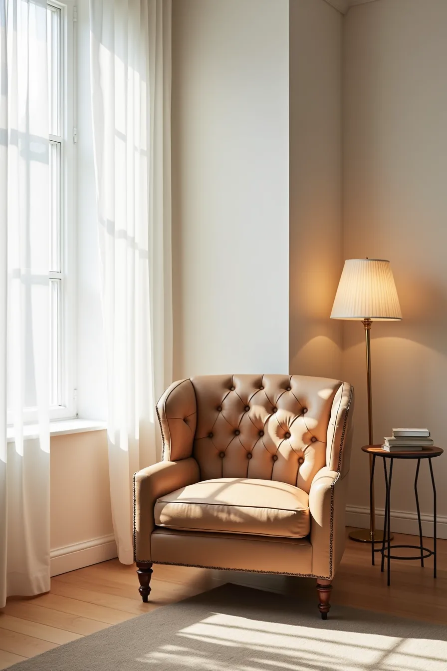 Premium leather tufted armchair with hardwood frame, hand-tied suspension, scrolled arms, and nailhead trim detailing.
