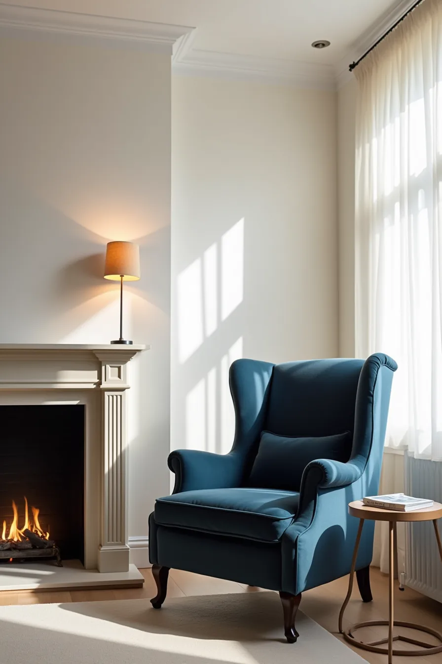 Deep navy velvet wingback chair angled toward a fireplace with a side table and lamp positioned nearby.