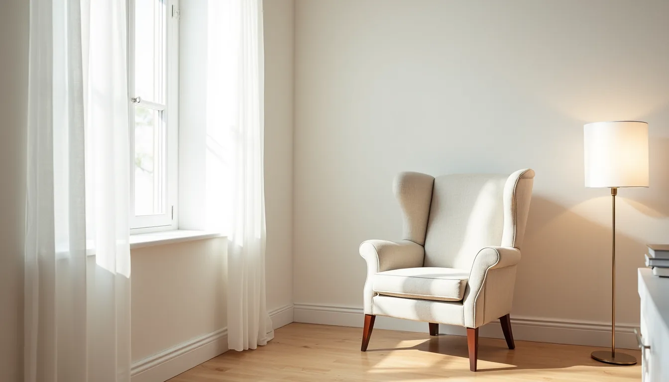 Wingback armchair with rolled arms and high back sits alone in a bright corner against pale walls and light wood floor.