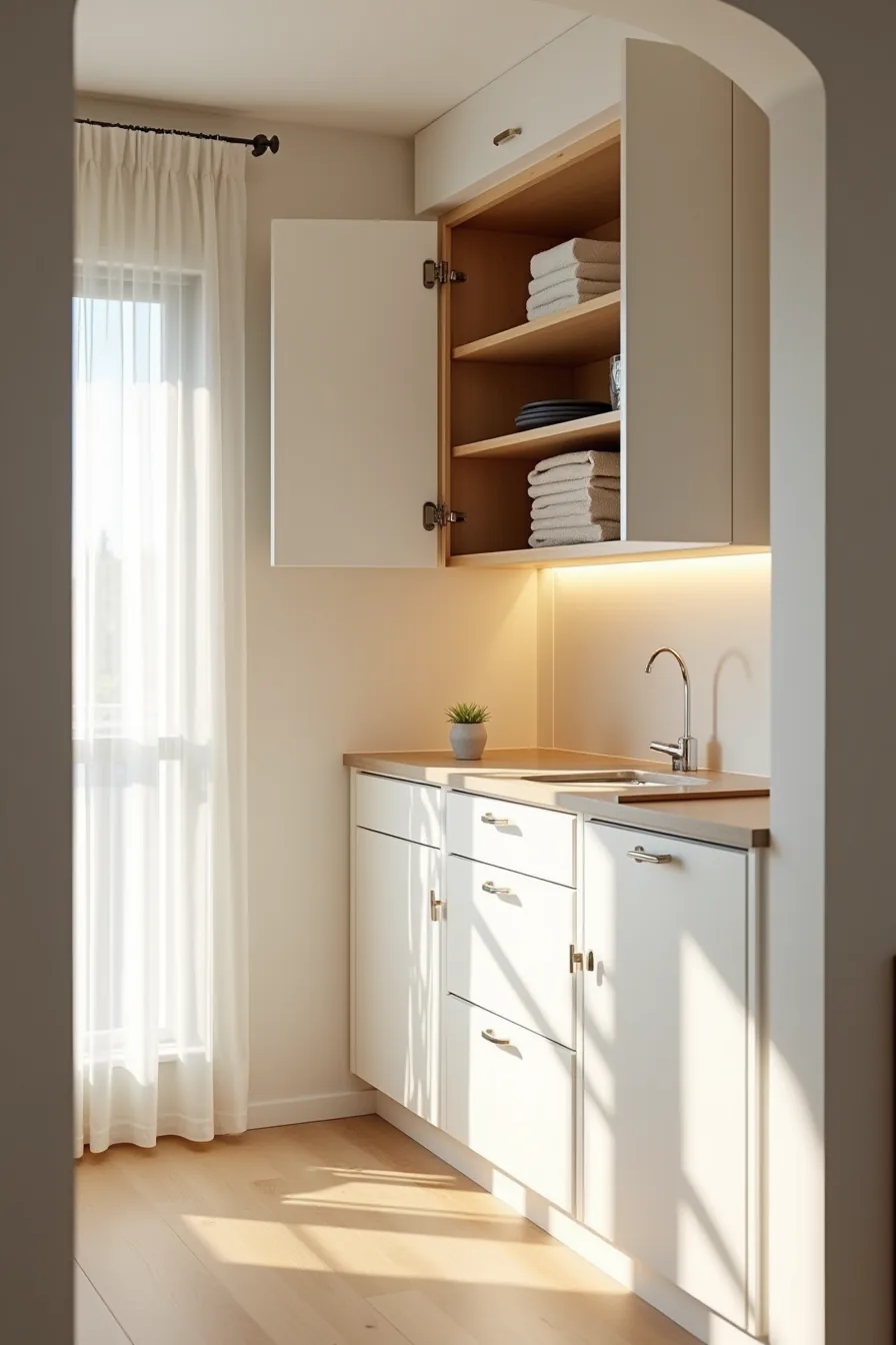 Built-in cabinets with closed upper doors, pull-handle drawers, countertop, and visible interior shelving in a utility