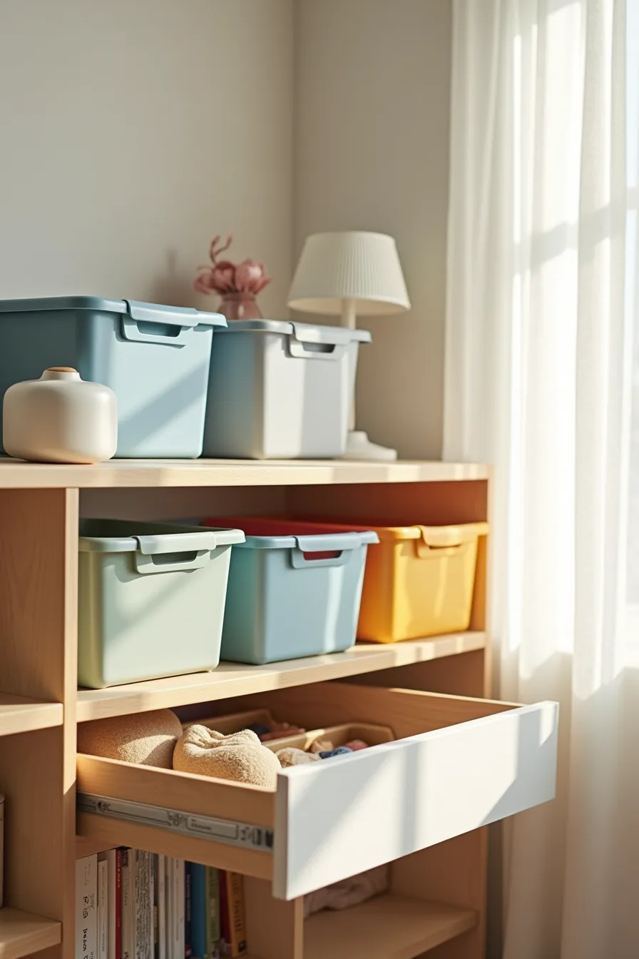 Five colorful plastic bins with labels next to a drawer with fabric dividers holding small tools and supplies.