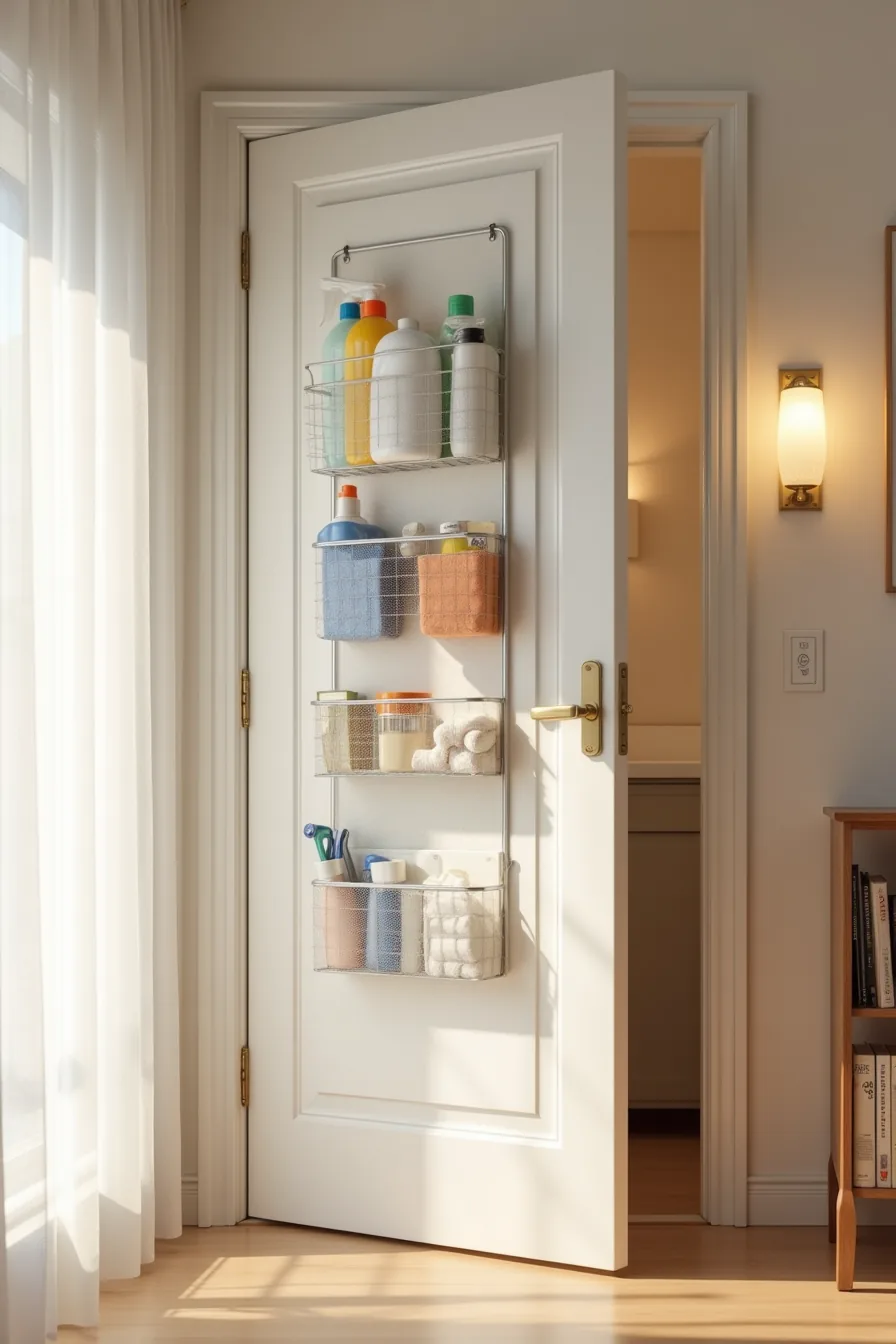 Closet door organizer filled with spray bottles and cloths, with adhesive caddies mounted on the adjacent wall.