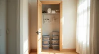 Utility closet with wire shelves, pegboard hooks, clear plastic bins, and over-the-door organizer visible from the hallway.