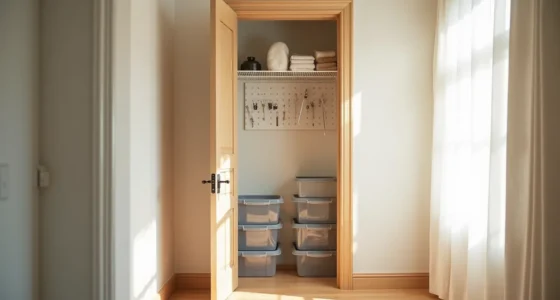 Utility closet with wire shelves, pegboard hooks, clear plastic bins, and over-the-door organizer visible from the hallway.