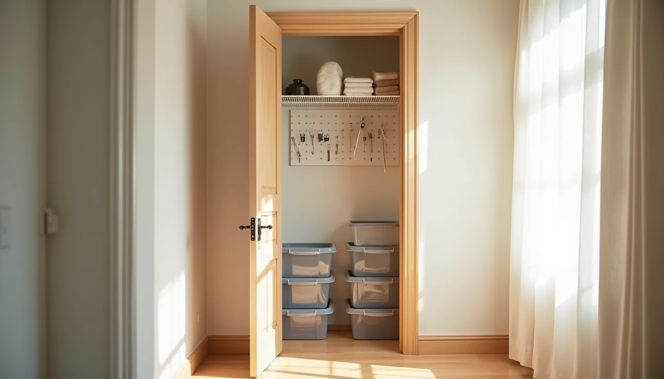 Utility closet with wire shelves, pegboard hooks, clear plastic bins, and over-the-door organizer visible from the hallway.