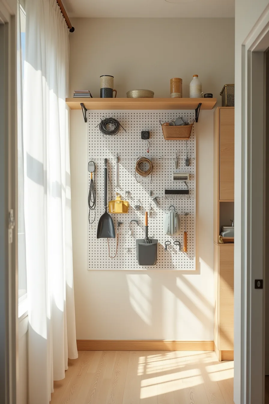 Pegboard wall with hooks, baskets, and clips organizing coiled cords, tools, containers, and a dustpan.