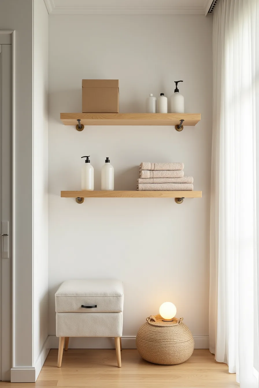 Three wooden shelves at different heights holding cleaning bottles, folded towels, and storage boxes on a white wall.