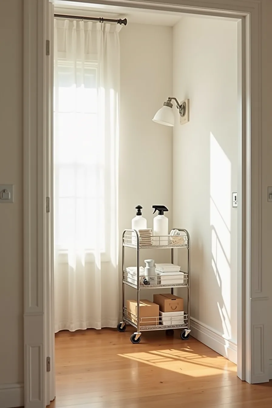 Metal rolling cart with three shelves holding cleaning bottles, rags, and storage boxes in a closet corner.