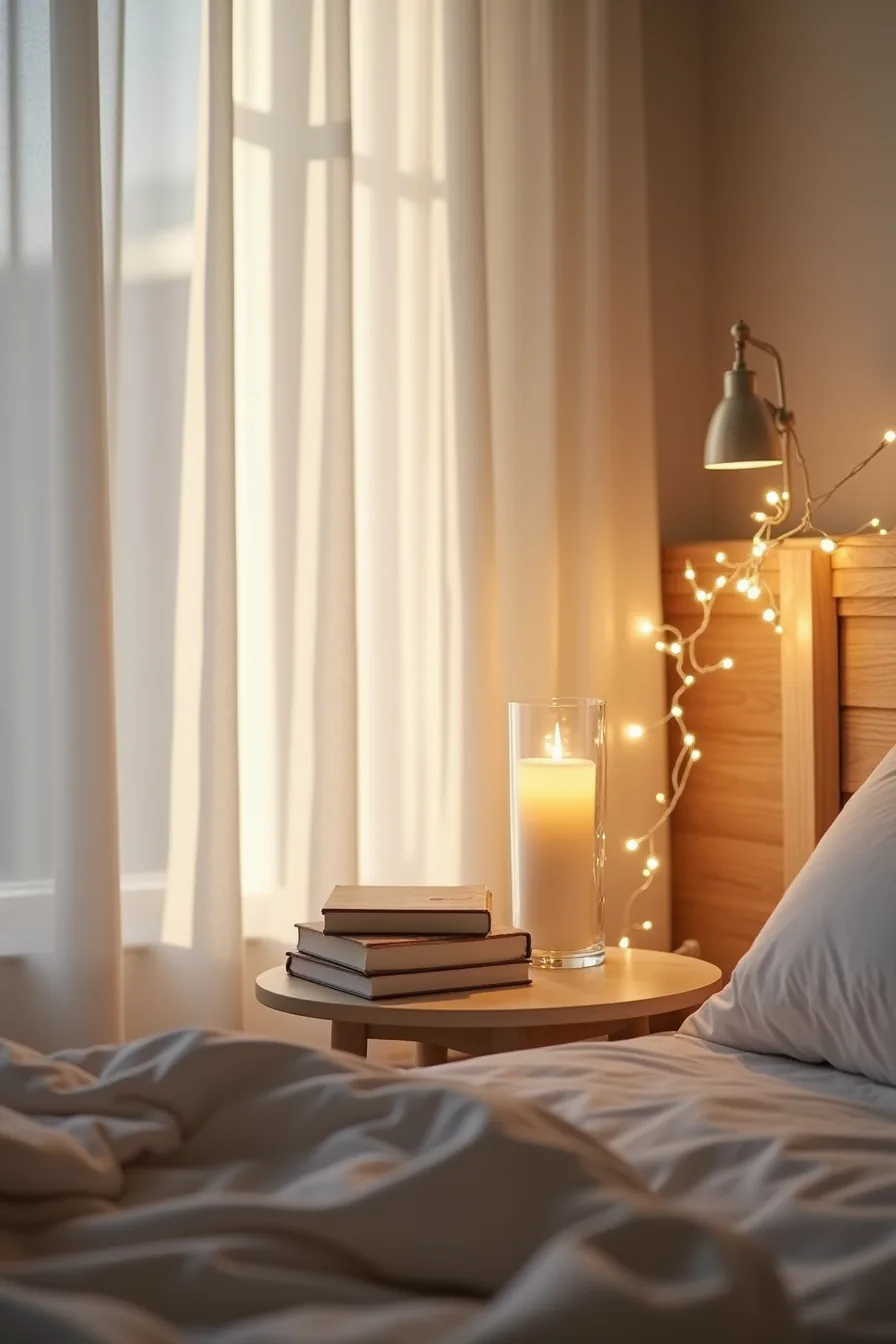 Bedside table with lit pillar candle, string light garland, and dimmer lamp creating layered warm lighting.