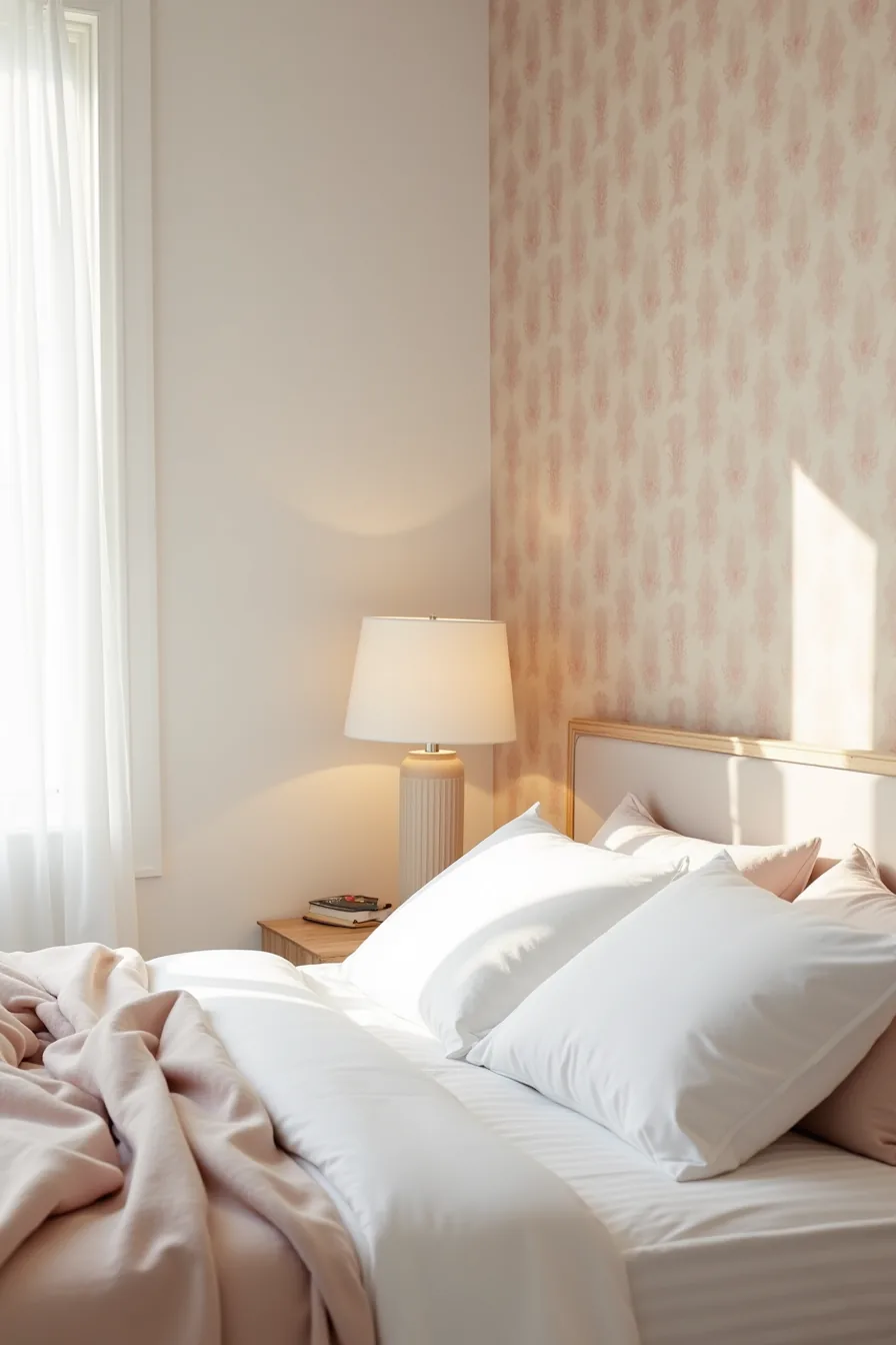 Accent wall with rose-and-cream damask wallpaper and pinned blush linen fabric drape behind bed.