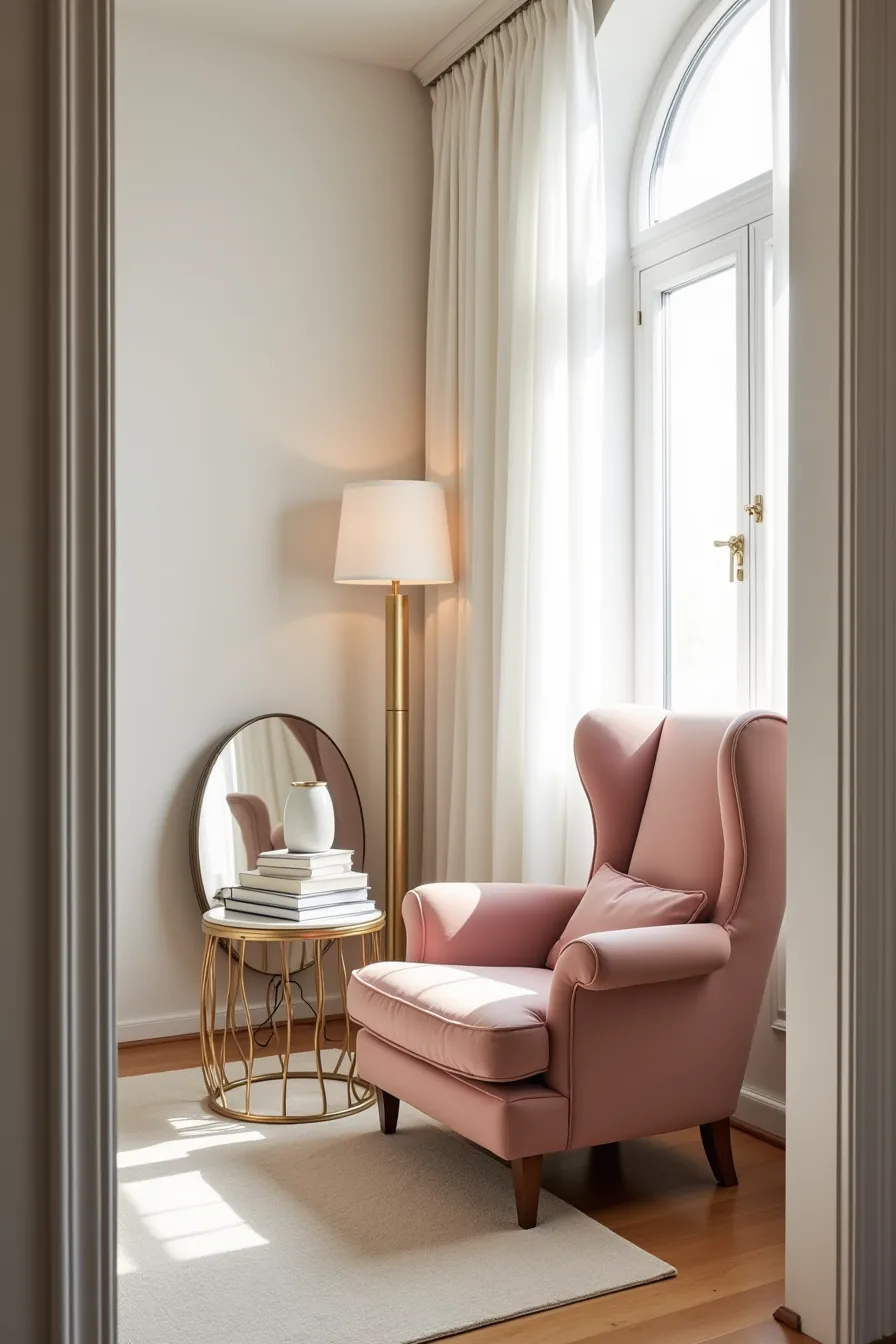 Dusty rose velvet wingback chair with brass side table, stacked books, ceramic vessel, and gold-frame mirror.