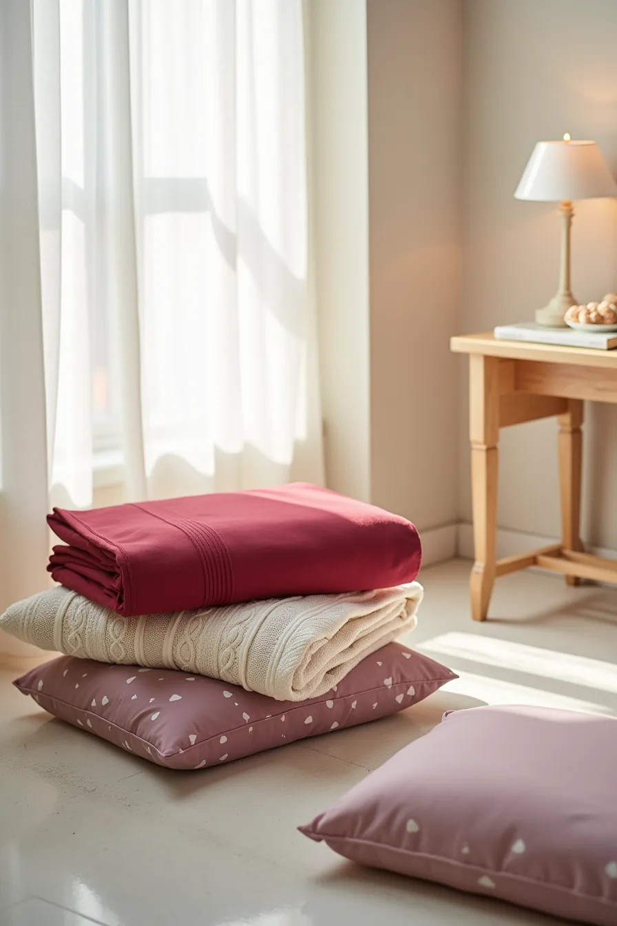 Five folded bedding pieces arranged in arc: red sheet, cream throw, mauve heart pillowcases, blush satin pillowcase.
