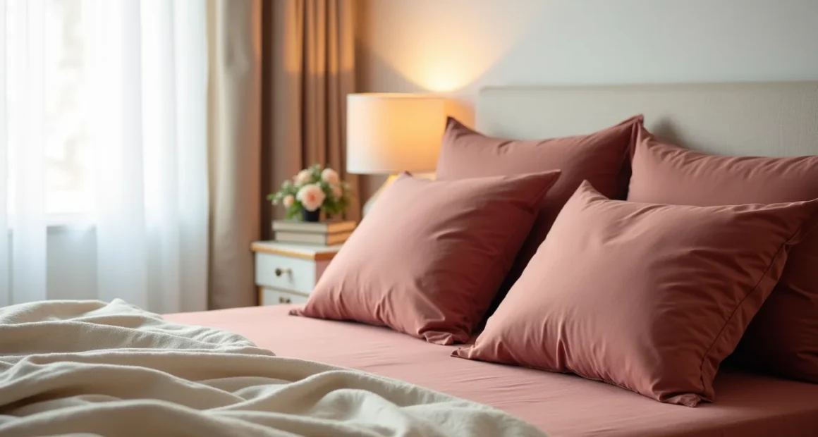 Burgundy bed with cream linen throw, rose-gold velvet pillows, and warm lighting from above.