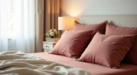 Burgundy bed with cream linen throw, rose-gold velvet pillows, and warm lighting from above.