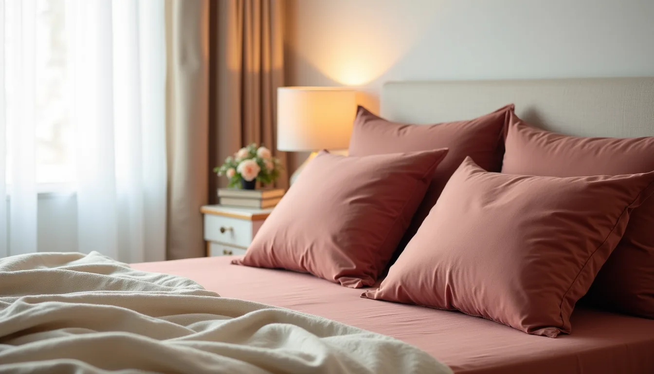 Burgundy bed with cream linen throw, rose-gold velvet pillows, and warm lighting from above.