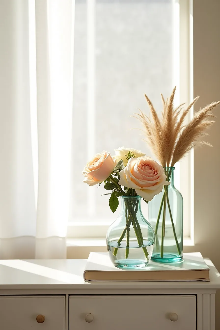 Three glass vases holding fresh blush roses, dried pampas grass with eucalyptus, and cream faux silk ranunculus.