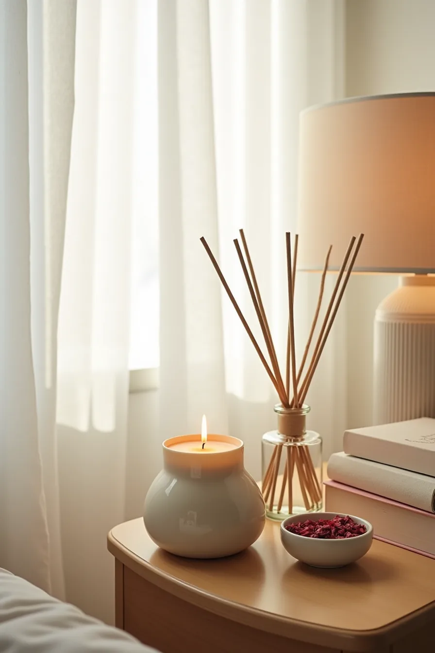 Nightstand with three-wick candle, reed diffuser, dried rose petals in ceramic dish, and glowing wax melt warmer.