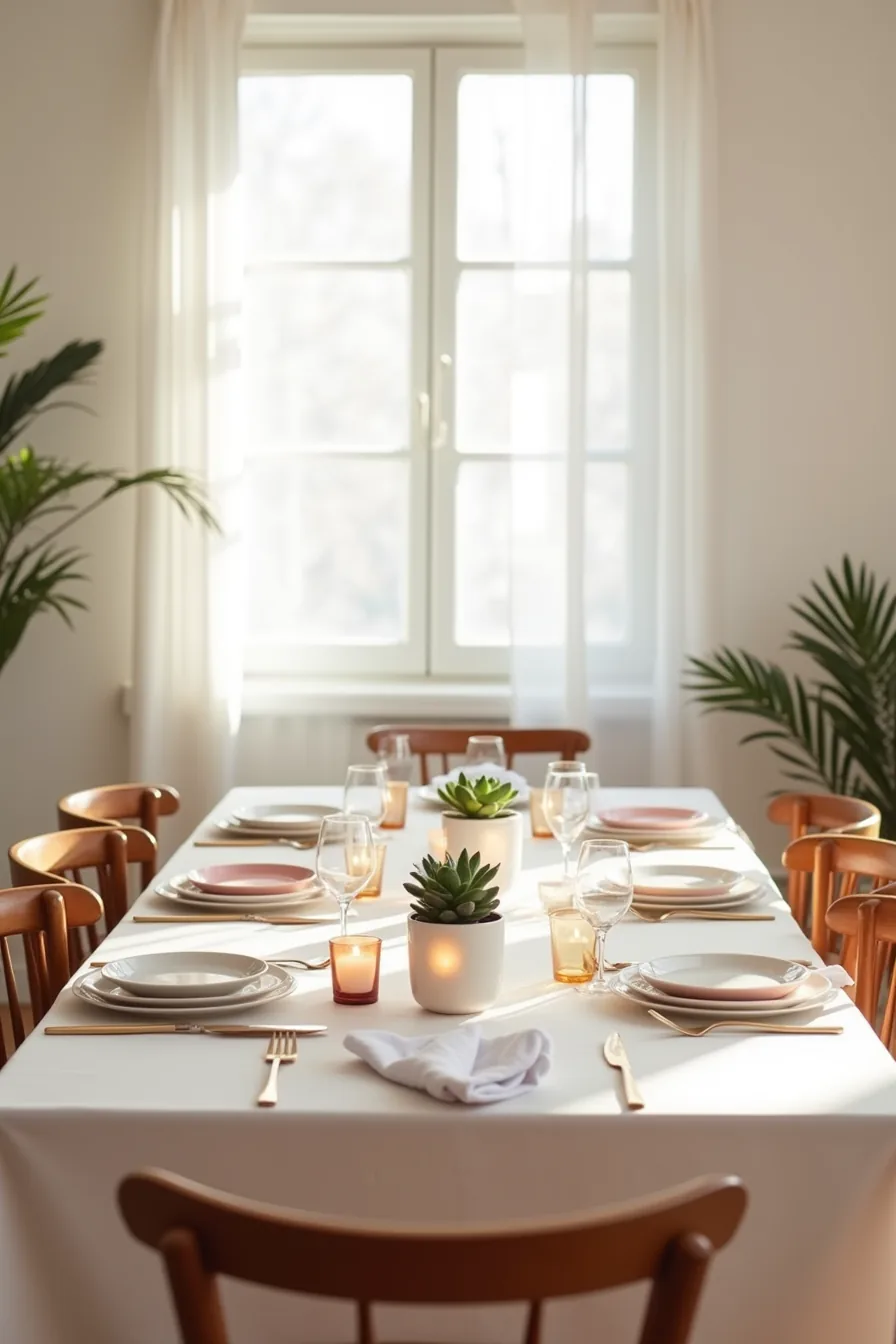 Rectangular table for six with alternating white and blush napkins, three potted succulents down the center, and votive