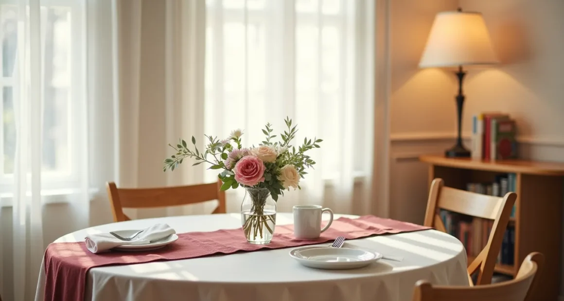 Round dining table for two with burgundy runner, white place setting, and low centerpiece of garden roses and eucalyptus in