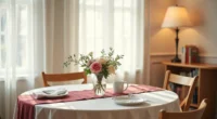 Round dining table for two with burgundy runner, white place setting, and low centerpiece of garden roses and eucalyptus in
