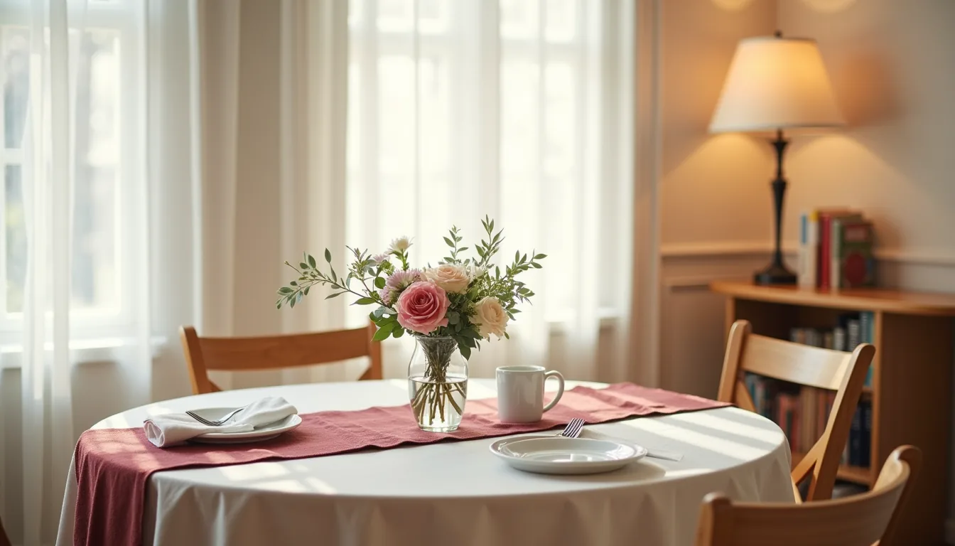 Round dining table for two with burgundy runner, white place setting, and low centerpiece of garden roses and eucalyptus in