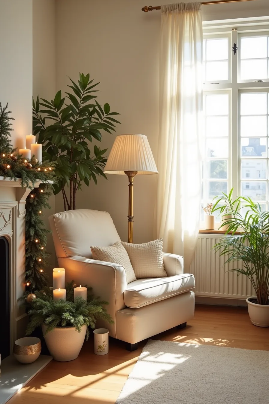 Small room corner overstuffed with oversized garland, stacked candles, and large potted arrangement blocking furniture