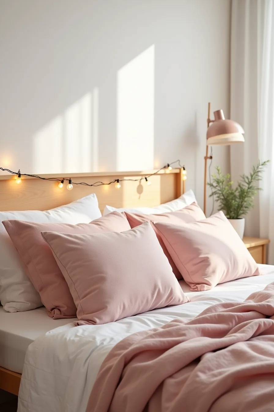Bed headboard decorated with blush throw, dusty rose pillows, and warm white LED string lights pinned along the top.