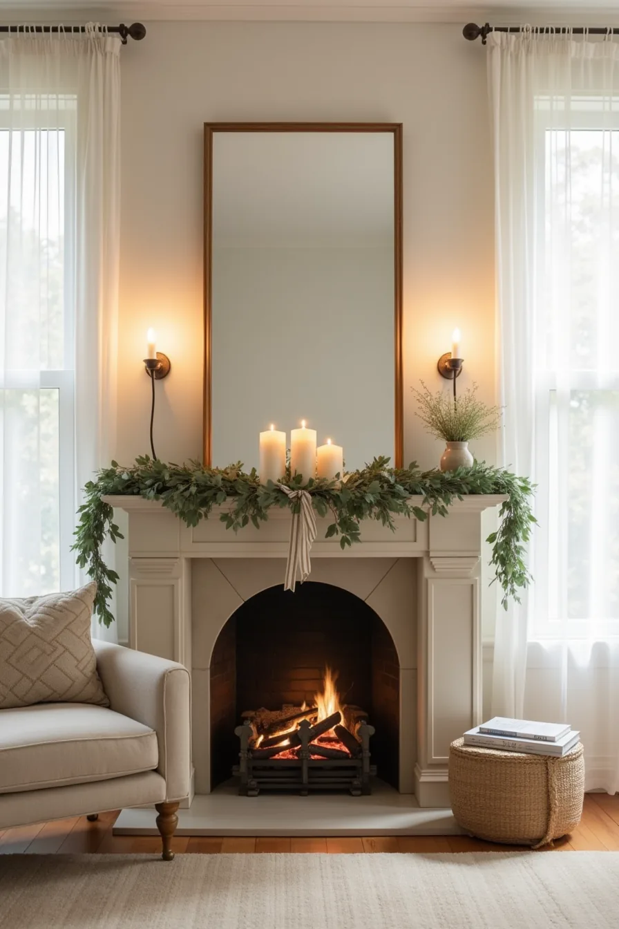 Fireplace mantel decorated with eucalyptus and ribbon garland, three pillar candles of different heights, and mirror hung