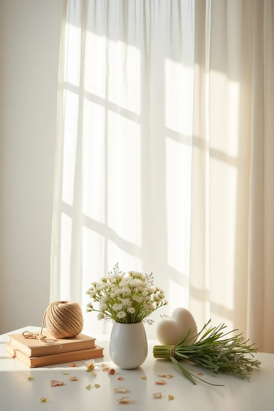 Three decorative groupings displayed separately: paper hearts with twine, ceramic vase with faux flowers, and silk