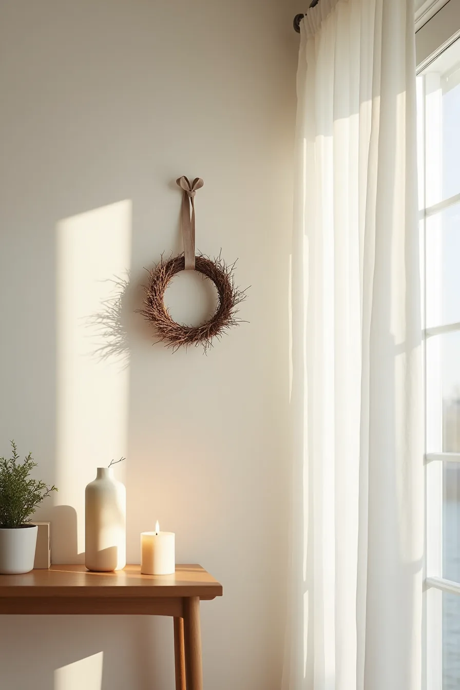 Entryway wall with dried branch wreath on adhesive hook above a console table holding a potted plant and candle.