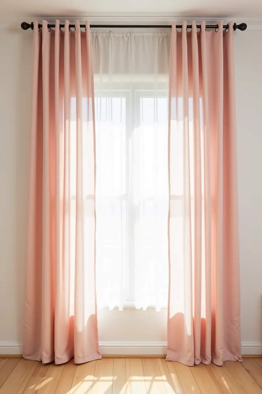 Blush-pink fabric draped vertically from ceiling to floor with soft folds, creating a romantic wall backdrop on hardwood