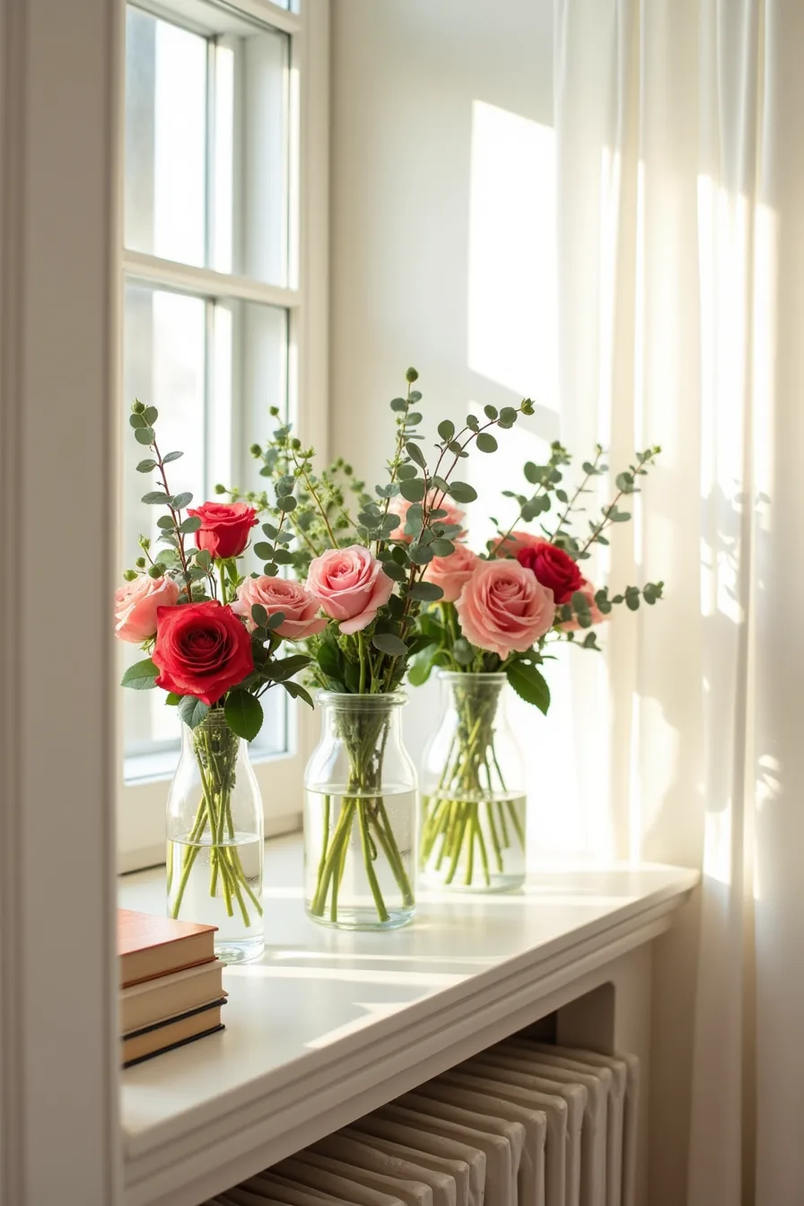 Three glass vases filled with fresh red and pink roses, spray roses, and eucalyptus stems at varying heights on a shelf.