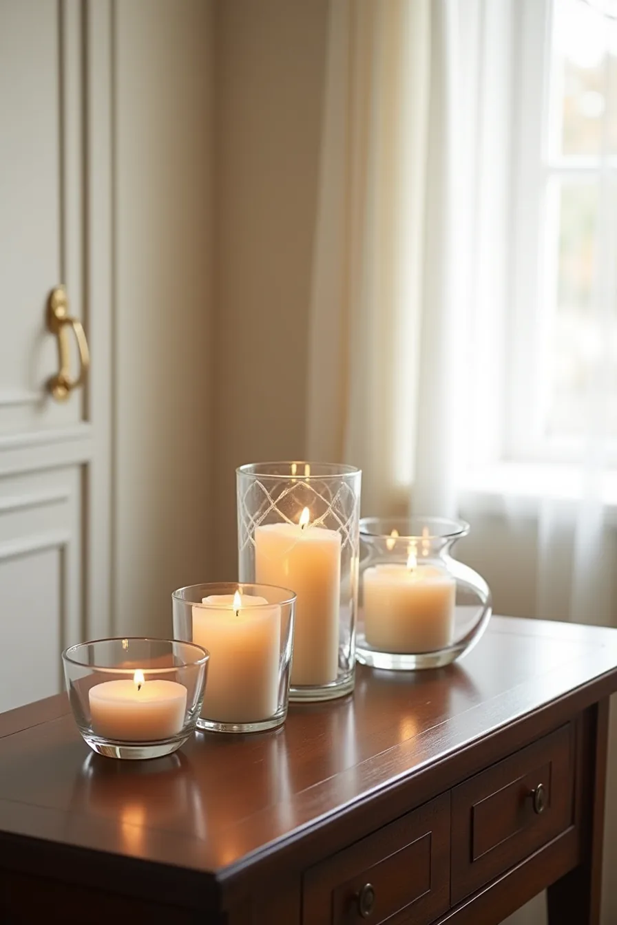 Five glass vessels of different shapes and sizes filled with unlit candles arranged on a dark wooden console table.