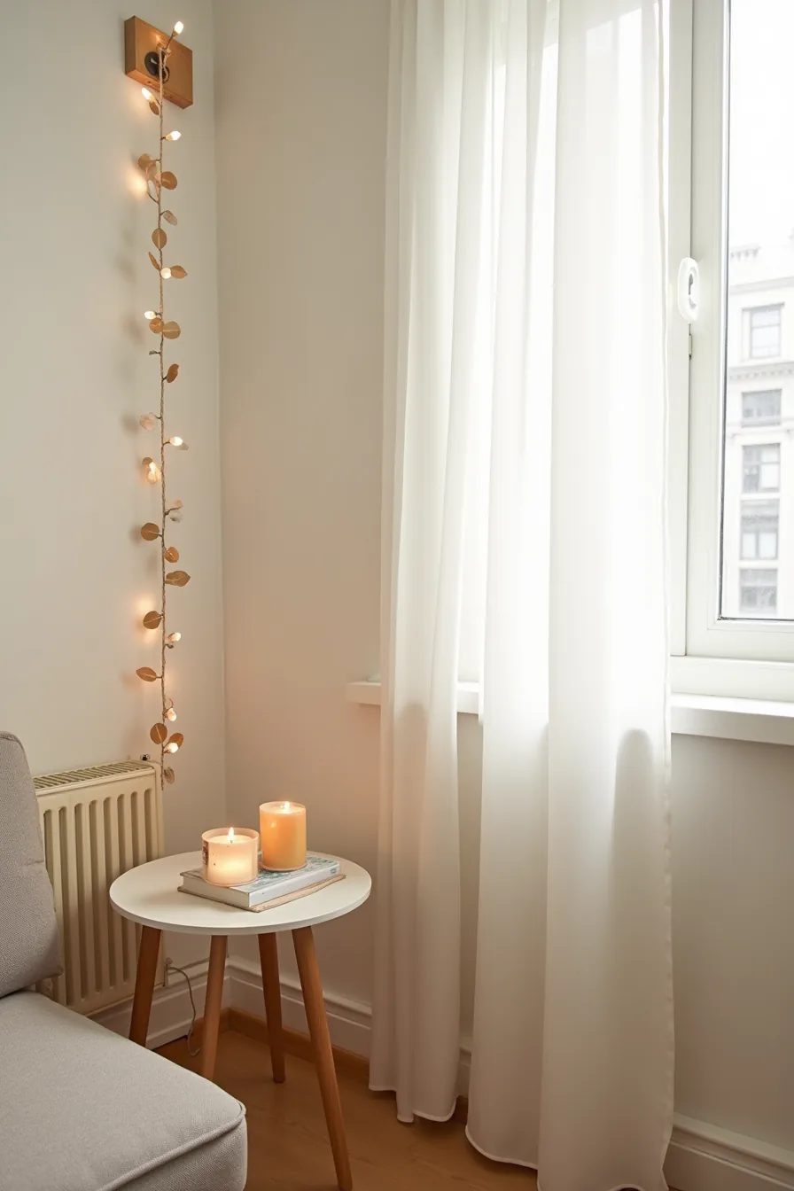 Studio apartment corner with a small round table holding a candle arrangement and a paper garland strung between two corners.
