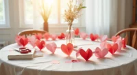 Dining table decorated with red and pink paper heart chains, scissors, and tape arranged on a neutral tablecloth.