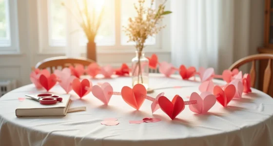 Dining table decorated with red and pink paper heart chains, scissors, and tape arranged on a neutral tablecloth.