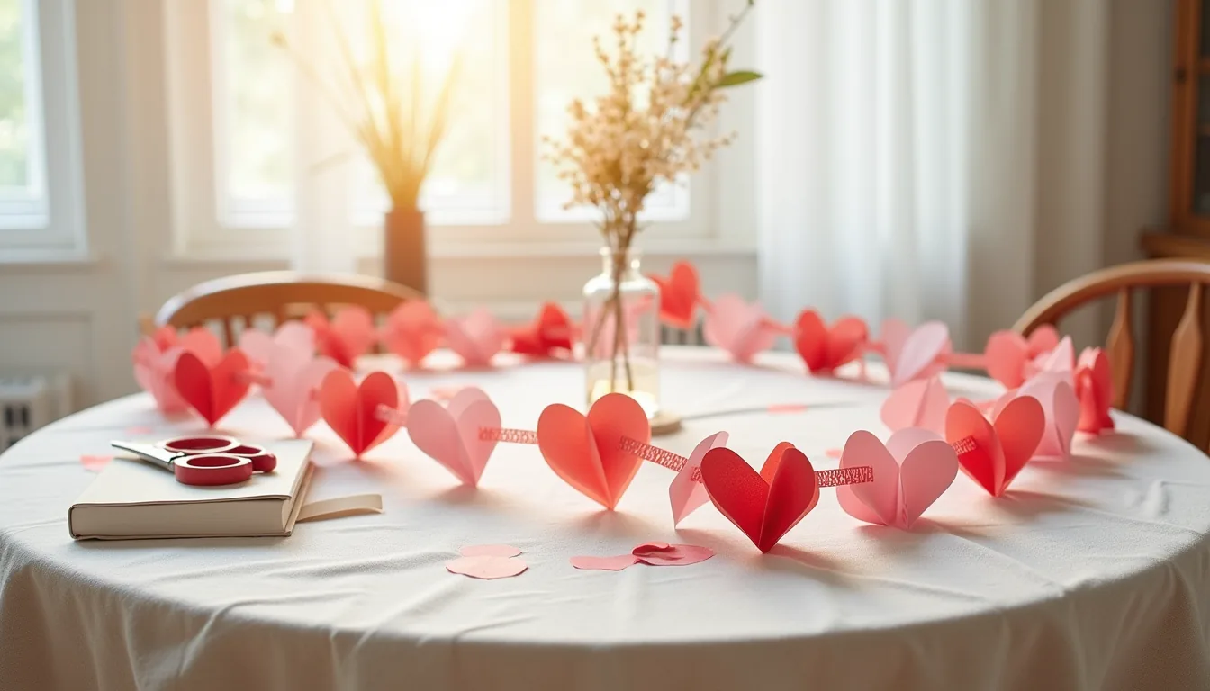 Dining table decorated with red and pink paper heart chains, scissors, and tape arranged on a neutral tablecloth.