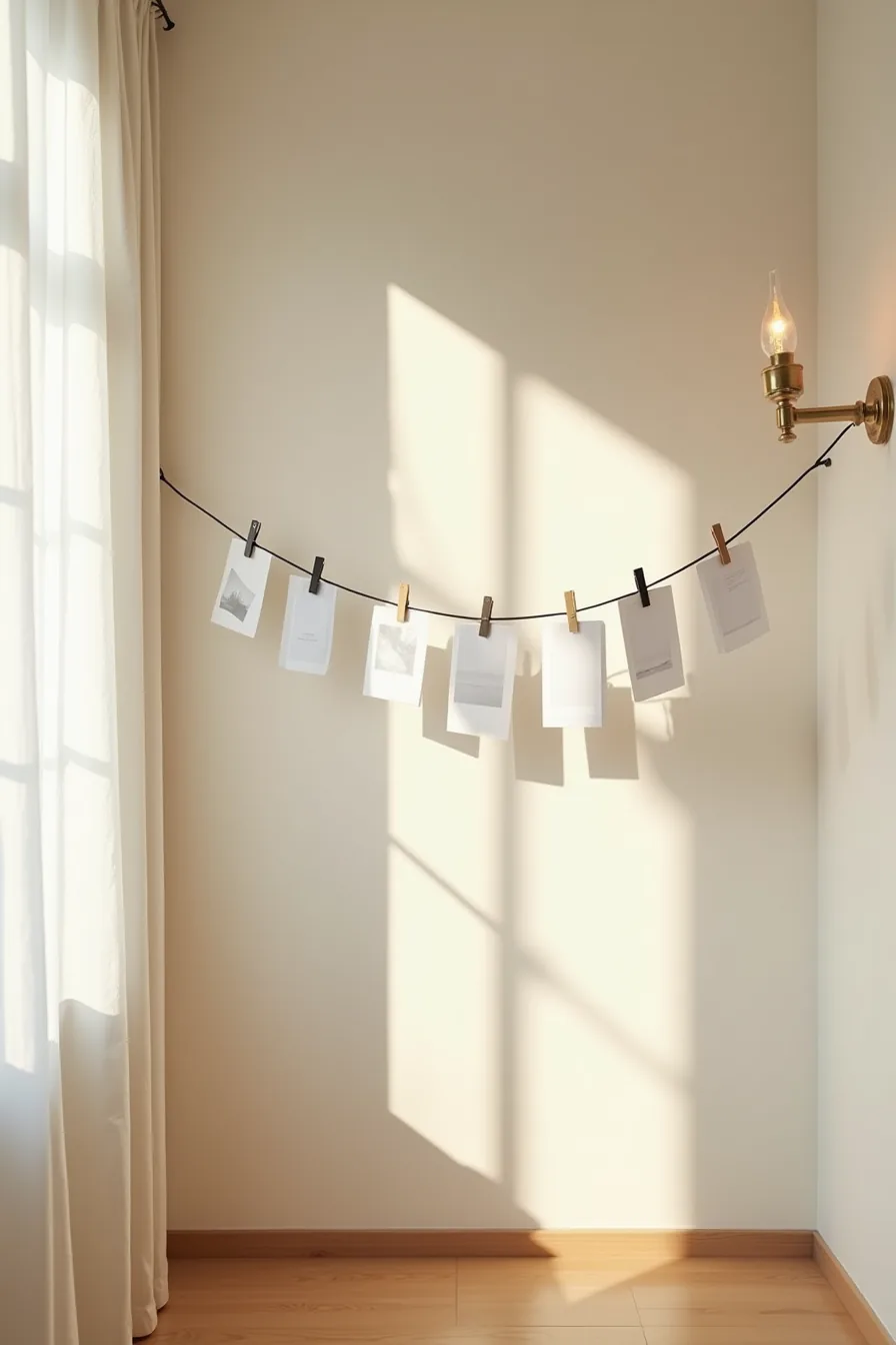 Six printed photographs clipped to a horizontal wire in a hallway, each angled slightly outward with soft overhead lighting.